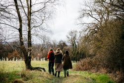 3 people walking in a newly planted woodland